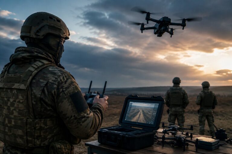 Soldier in camouflage with helmet operating a remote drone controller at sunset, with a tablet displaying a ground view and drones on a table.