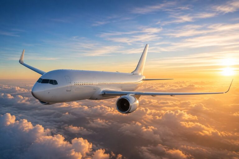 White passenger jet flying above sunlit clouds at sunset, with a high wing and engine visible under the wing.