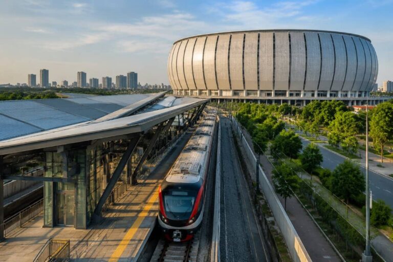 Red and white high-speed train at a platform beside a large circular, striped stadium-like building and city skyline in the distance.
