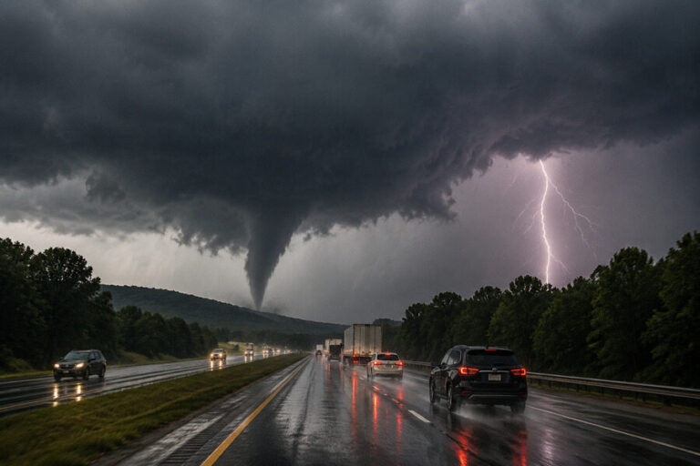 Tornado funnel forming over a wet highway as cars drive in heavy rain with lightning nearby.