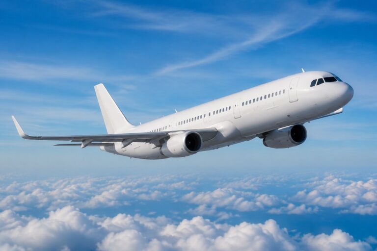 White commercial airplane in flight over fluffy clouds and a blue sky.