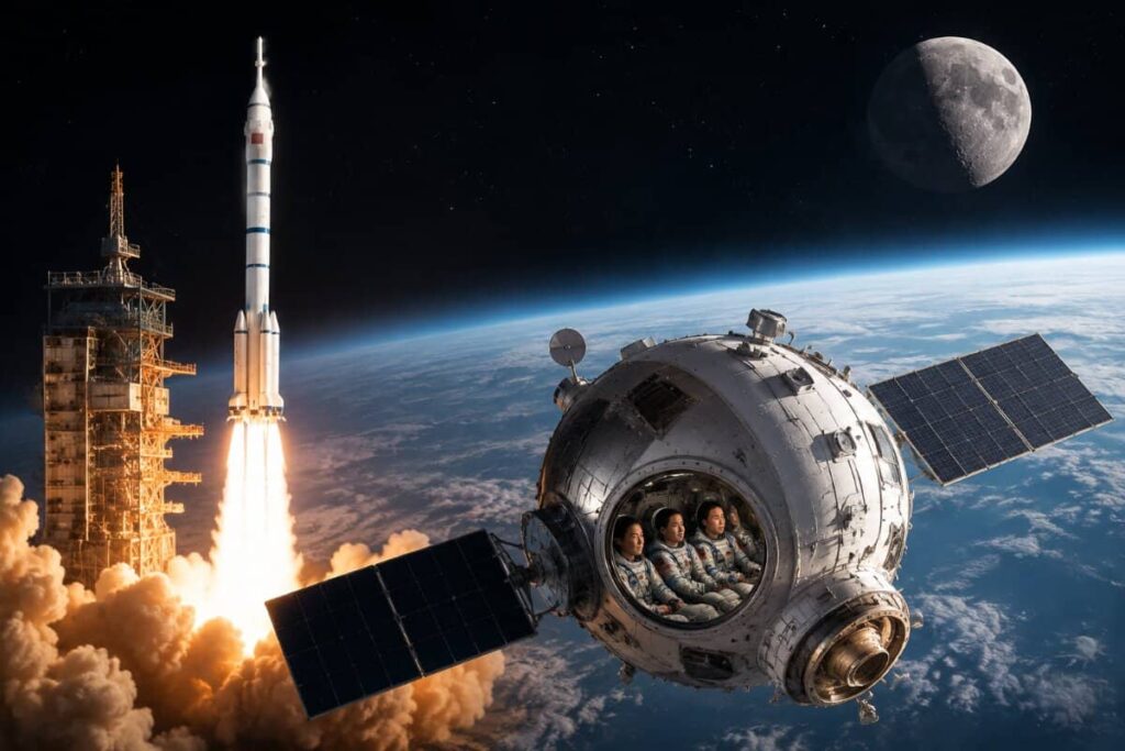 Rocket lifts off beside a launch tower as a space capsule with astronauts stays in orbit above Earth, Moon visible in the distance.