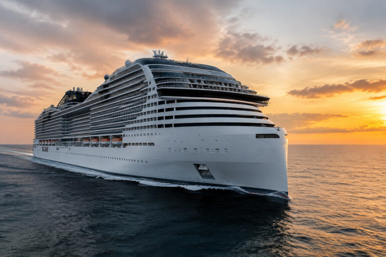 Large white cruise ship sailing on calm ocean at sunset with an orange sky behind it, viewed from the bow side of the vessel.