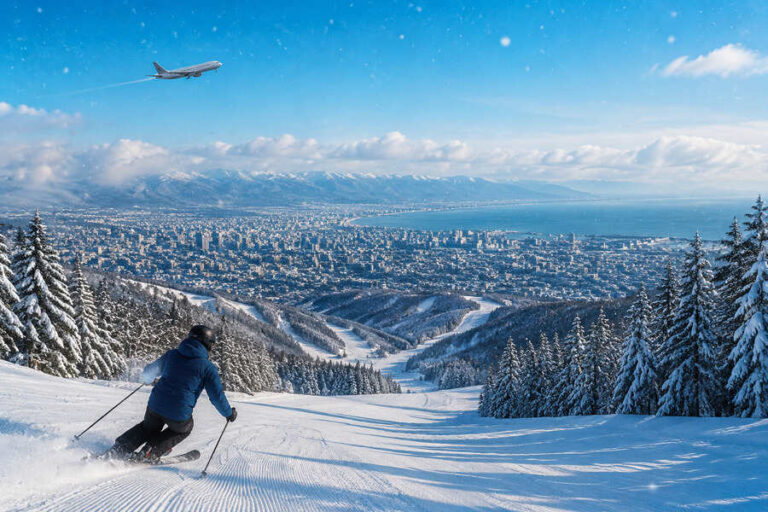 Skier in a blue jacket carving down a snowy slope with a city and coastline in the distance on a clear winter day.