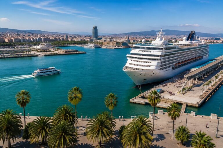 Large white cruise ship docked at a sunny harbor with palm-lined promenade in the foreground and a cityscape in the distance.