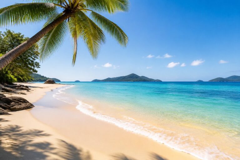 Palm tree leaning over a sunlit sandy beach with turquoise ocean and distant islands under a clear blue sky.