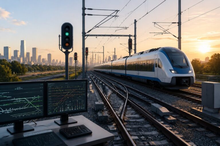 High-speed train on tracks at sunset with a distant city skyline and a computer workstation in the foreground.