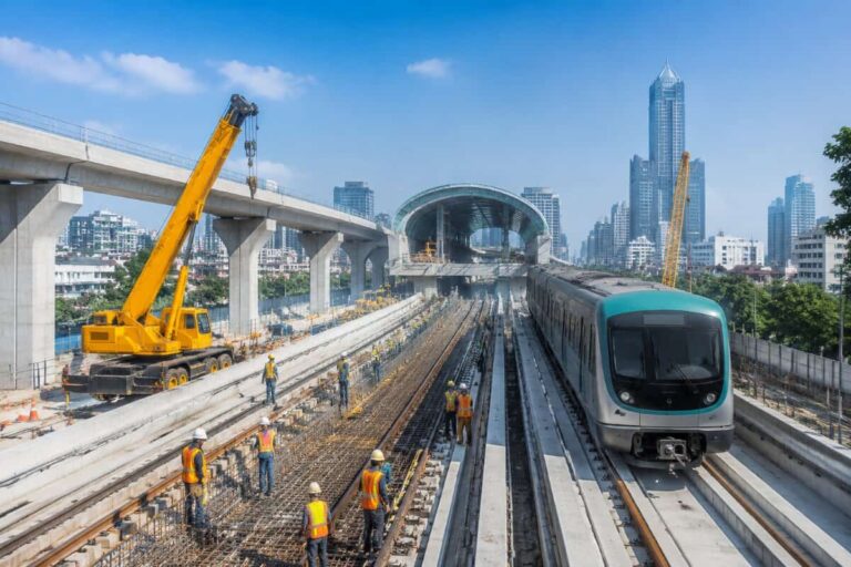 Construction workers in orange vests on a new metro rail line under construction with a yellow crane and a modern train on the tracks nearby.