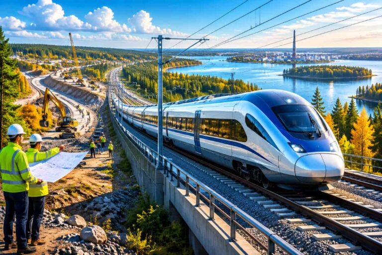 High-speed train on an elevated track under construction; workers review plans with a blueprint and a yellow excavator nearby, by a river and forested hills.