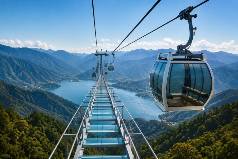 Cable car cabin suspended on a steel cable over a blue mountain lake and forested peaks, with other cabins in line ahead.