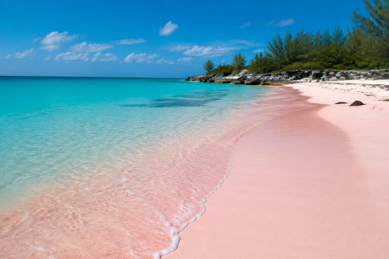 Pink-sand beach with turquoise water, gentle waves, and a rocky treeline in the distance under a bright blue sky.