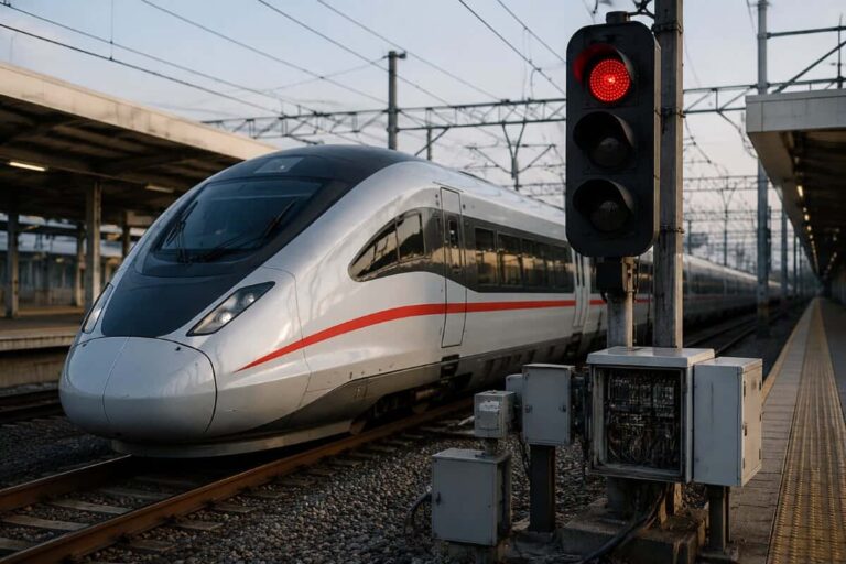 Front of a sleek white high-speed train with a red stripe at a station platform, red signal light in the foreground.