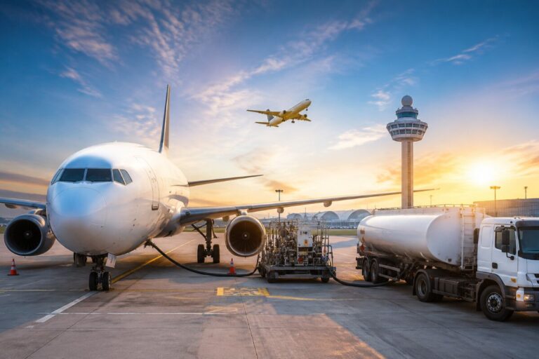 Airplane at a gate being refueled by a fuel truck during sunset with a control tower in the background.