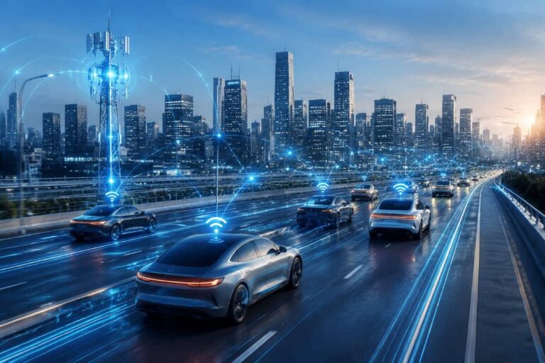 Self-driving electric cars travel on a highway at dusk, connected by glowing blue wireless signals to a futuristic cityscape.