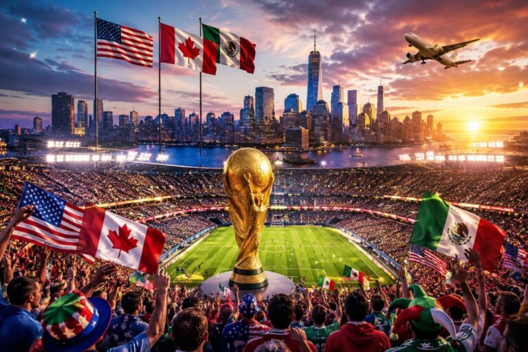 World Cup trophy rising above a packed stadium as fans wave flags from the U.S., Canada, Mexico and more.