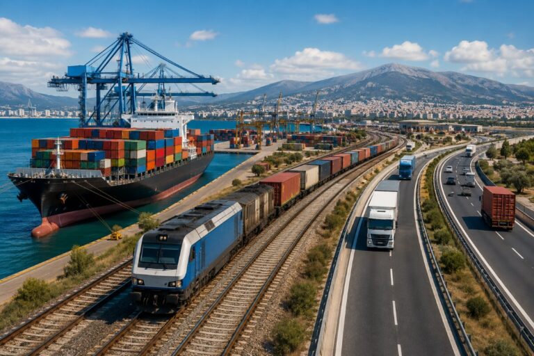 Container ship at a busy port with stacked colorful cargo containers and large gantry cranes, plus a freight train on nearby tracks and a busy highway in the background.