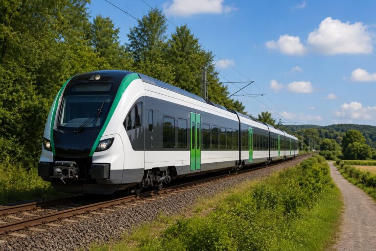 Modern passenger train traveling on a rural railway line under a blue sky with green landscape nearby.