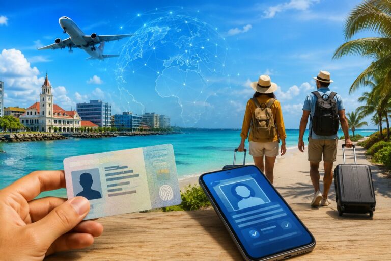 Tourists with rolling luggage on a beach path, a smartphone showing a digital ID and a hand holding a credit card in the foreground, plane and global network overlay in the sky