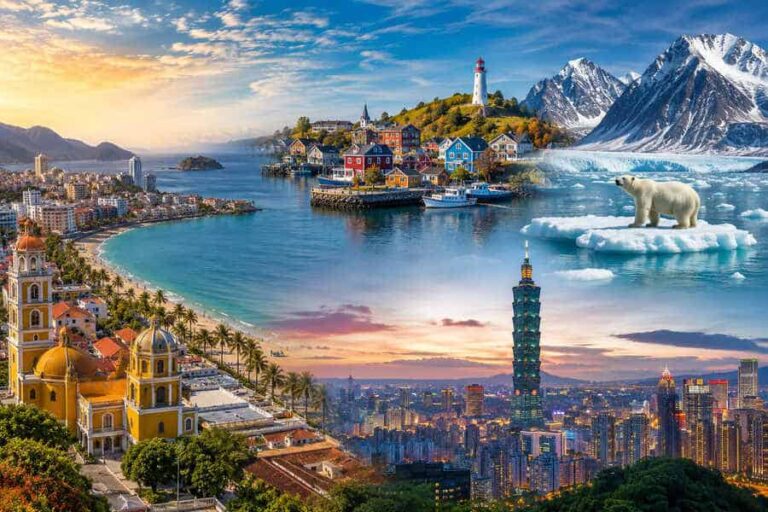 Composite collage showing world landmarks: tropical coast with colorful houses, a lighthouse on an island, polar bear on an iceberg, and a distant city skyline with Taipei 101.