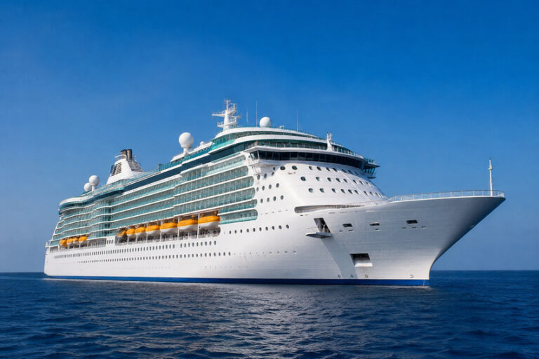 A large white cruise ship sailing on a calm blue ocean under a clear sky.