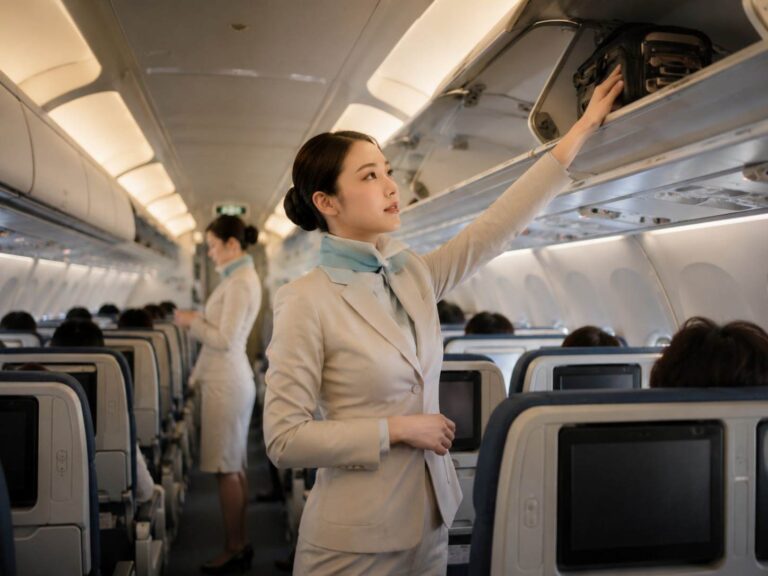 Flight attendant placing a carry-on bag into the overhead bin in an airplane cabin.