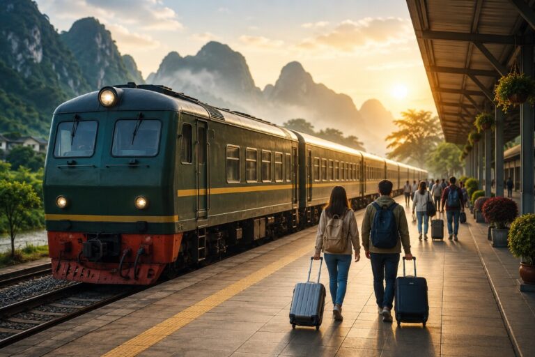 Two travelers with rolling suitcases walk along a sunlit train platform toward a green locomotive against a mountainous backdrop at sunset.