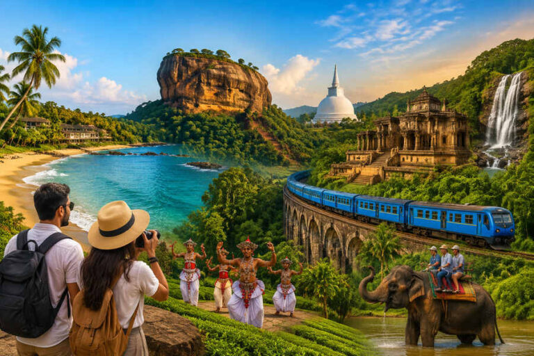 Tourists photograph a tropical landscape featuring a blue train on a viaduct, dancers in traditional attire, and an elephant with riders beside a waterfall and temple ruins on lush hills.