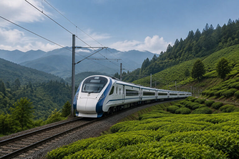 Modern white and blue high‑speed train on a curved track through green terraced hills with mountains in the distance.