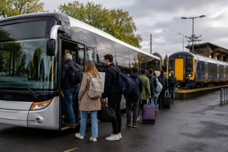 Travelers with backpacks and rolling suitcases queue to board a white coach bus at a station, with a blue-yellow train on a nearby track.