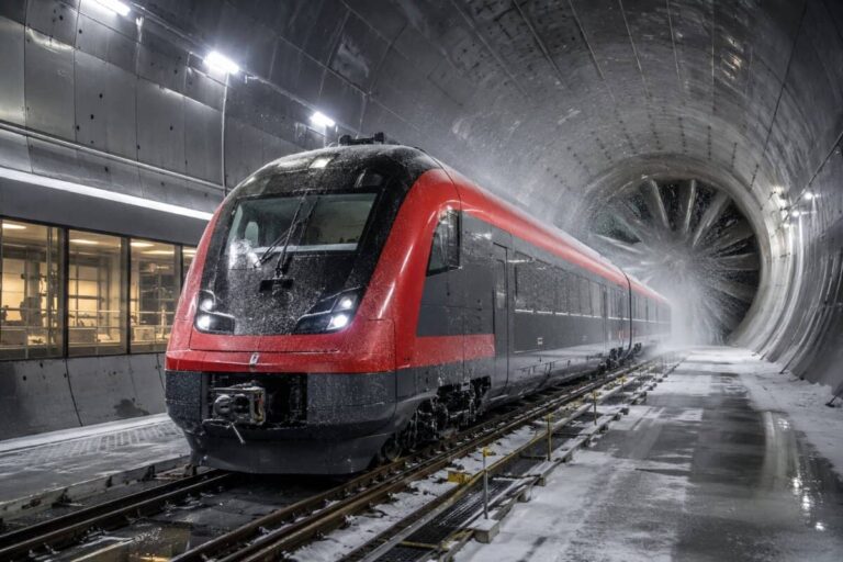 High-speed red-and-gray train inside a tunnel with water spray from a jet or tunnel wall, headlights on, entering a wet station area.