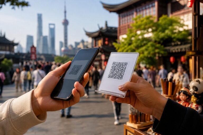 Two hands hold a smartphone and a QR code card in a crowded outdoor market with traditional Chinese architecture at the sides