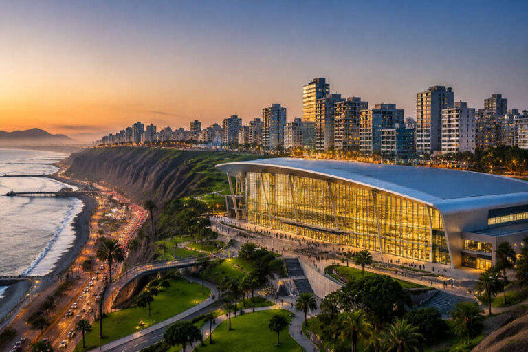 Sunset over a coastal city with a curved glass-front building on a cliff and a palm-lined promenade along the shore.