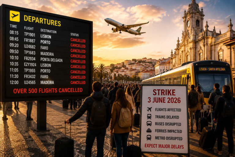 Departures board showing many cancelled flights as travelers wait with luggage at a European transit plaza at sunset, with a plane overhead and a strike sign nearby.