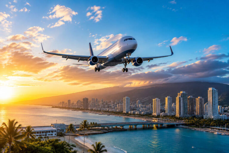 Airliner approaching for landing over a tropical coastline at sunset with high-rise buildings along the shore.