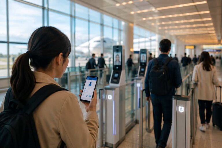 Traveler with a backpack checks her smartphone at an airport terminal near automated gate barriers and other passengers in line.