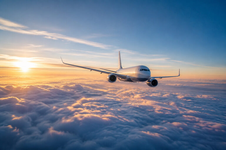 Commercial airplane cruising above the clouds at sunset with a golden horizon