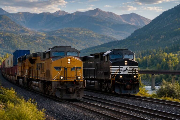 Two freight locomotives (yellow and black) pull long cargo trains along tracks with forested mountains in the background and a river bridge to the right.