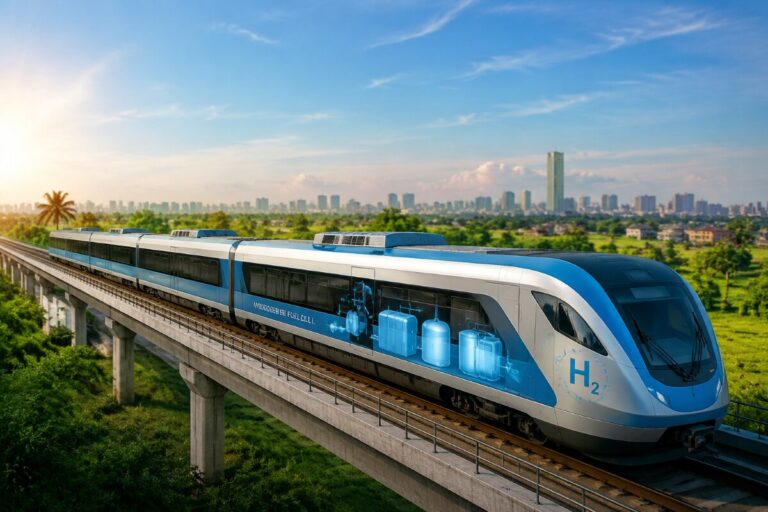 Hydrogen-powered train in blue and white livery on an elevated track with a city skyline in the distance