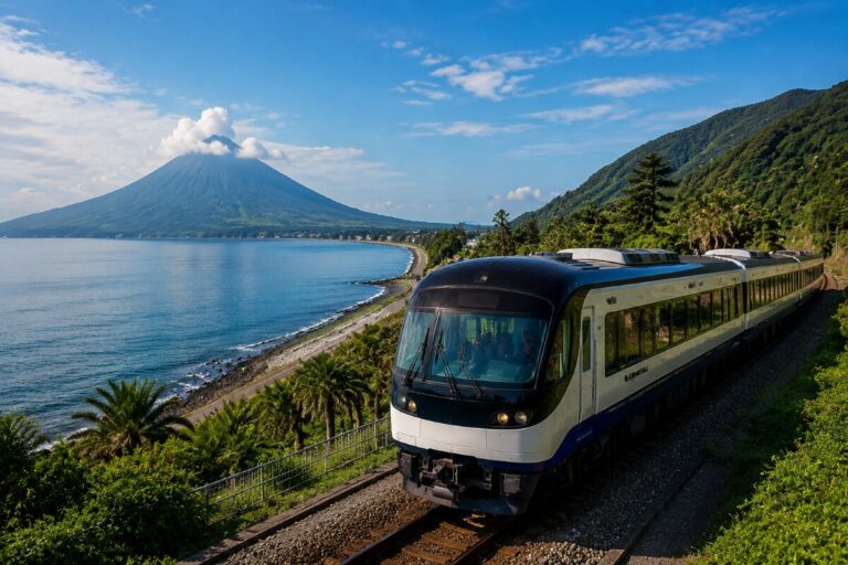 Modern passenger train travels along a coastal hillside with blue sea to the left and a smoking volcano in the distance.”,