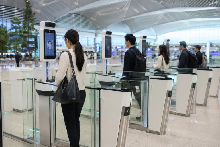 Passengers use automated biometric kiosks at self-service gates in a large airport terminal.