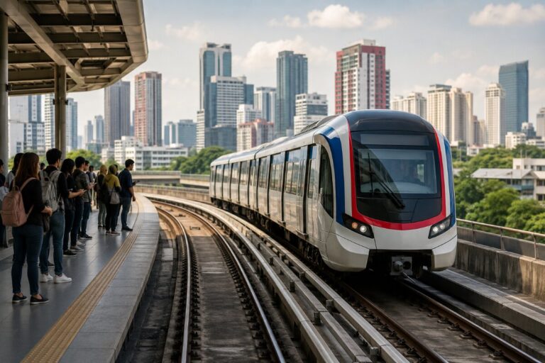Modern white and blue metro train arriving at a city platform as passengers wait, with tall skyscrapers in the background.