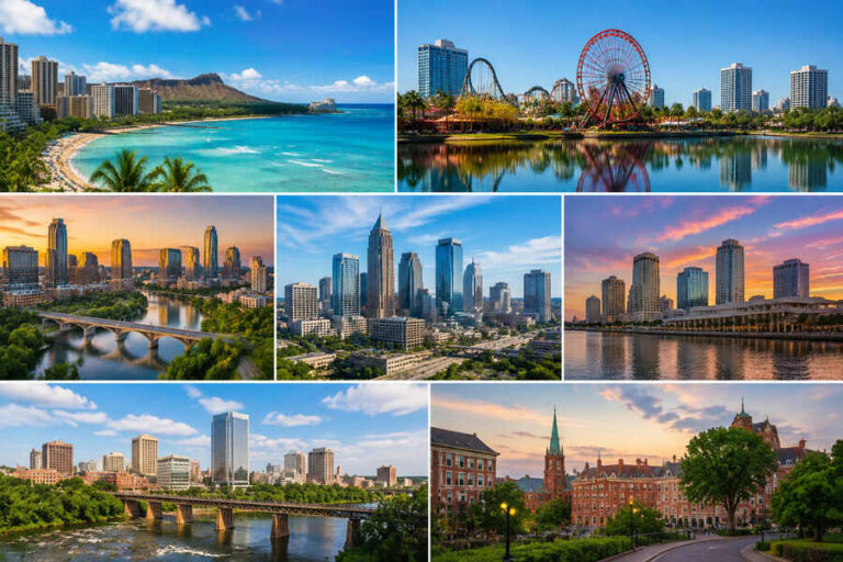 Collage of cityscapes: tropical beach city, ferris wheel park, modern skyline, river with bridges, and a historic campus town.
