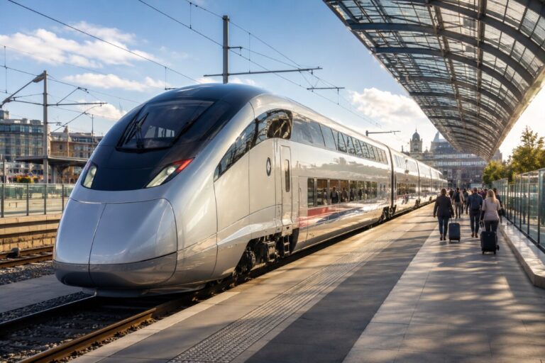 High-speed train at a sunny platform with passengers boarding under a curved glass canopy.