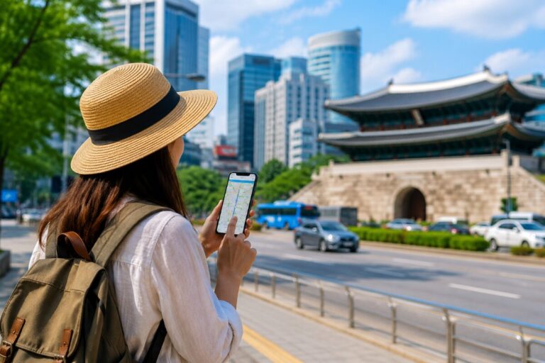 Woman wearing a straw hat and backpack checks a map on her smartphone in a busy city with modern skyscrapers and a traditional pagoda-style building in the background.