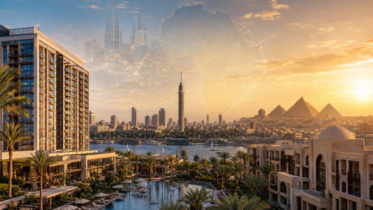 Sunset view of a luxury resort pool with palm trees, overlooking Cairo’s skyline and the pyramids in the distance.