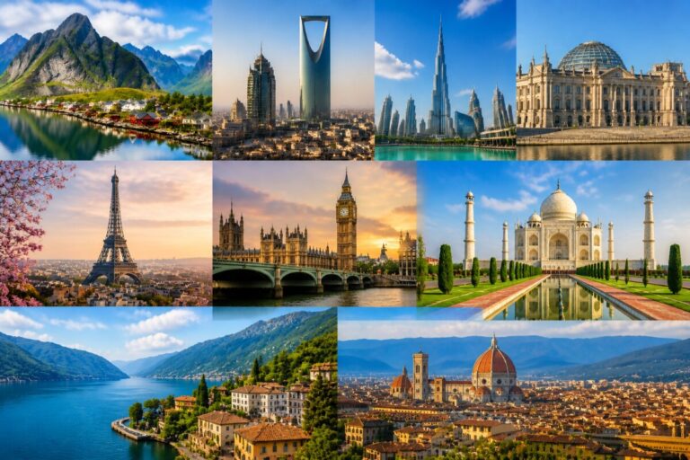 Collage of iconic world landmarks: mountains and a lake village; modern city skyline; Dubai towers; Eiffel Tower; Westminster; Taj Mahal; Lake Como towns; Florence Cathedral.