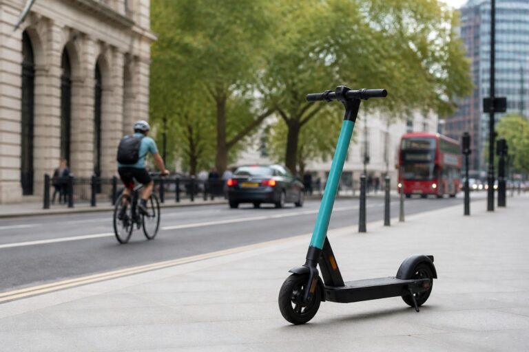 Electric scooter parked on city sidewalk with a cyclist riding by on the street in the background.