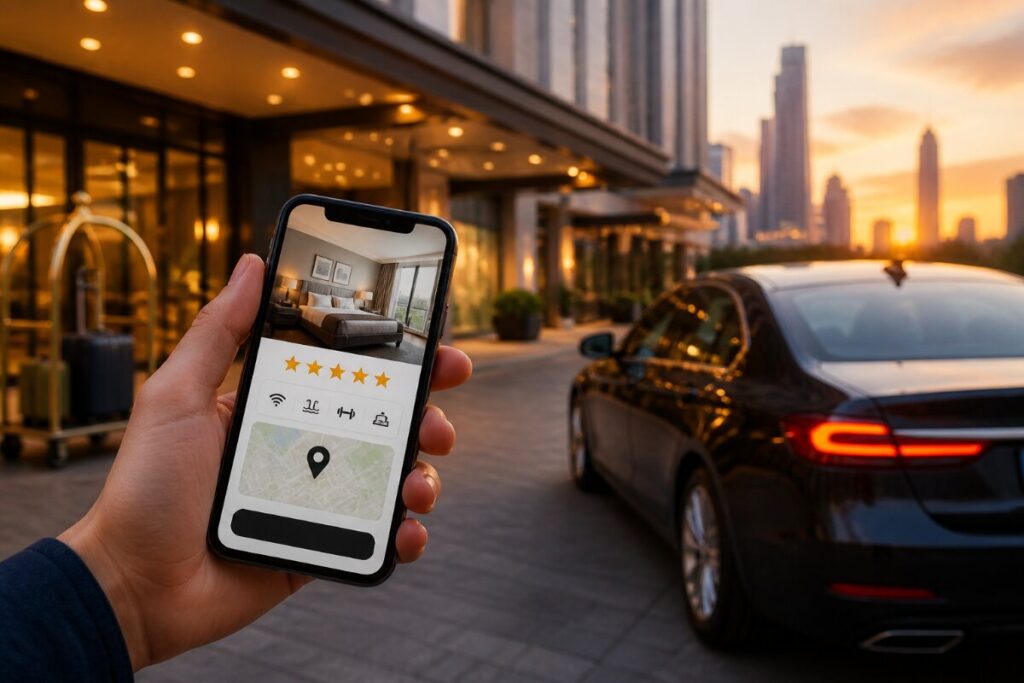 Person holds a smartphone showing a hotel room image, map, and rating stars in front of a parked luxury car at hotel curb.