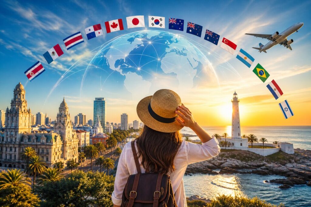 Back of a woman with a backpack and straw hat gazing at a coastal city at sunset, with a ring of international flags circling a globe above.