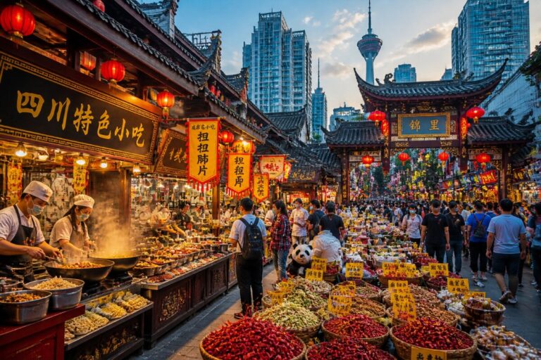 Bustling night market street in China with vendor stalls, red lanterns, and a traditional gate in the distance, as crowds shop for street food.
